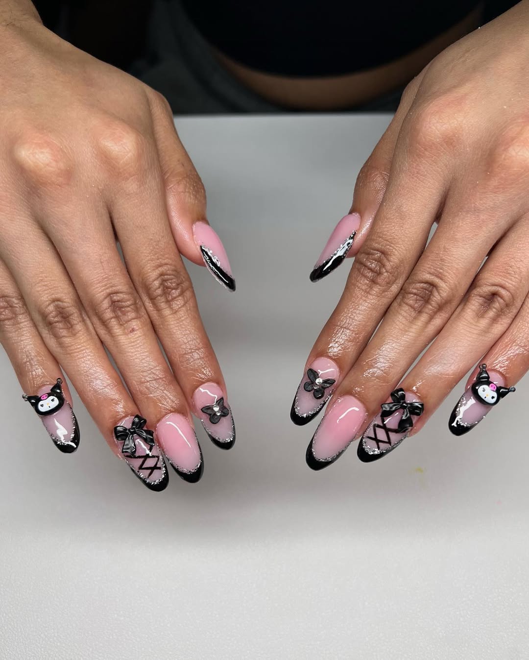 Glossy Black French Tips with Silver Glitter Outline