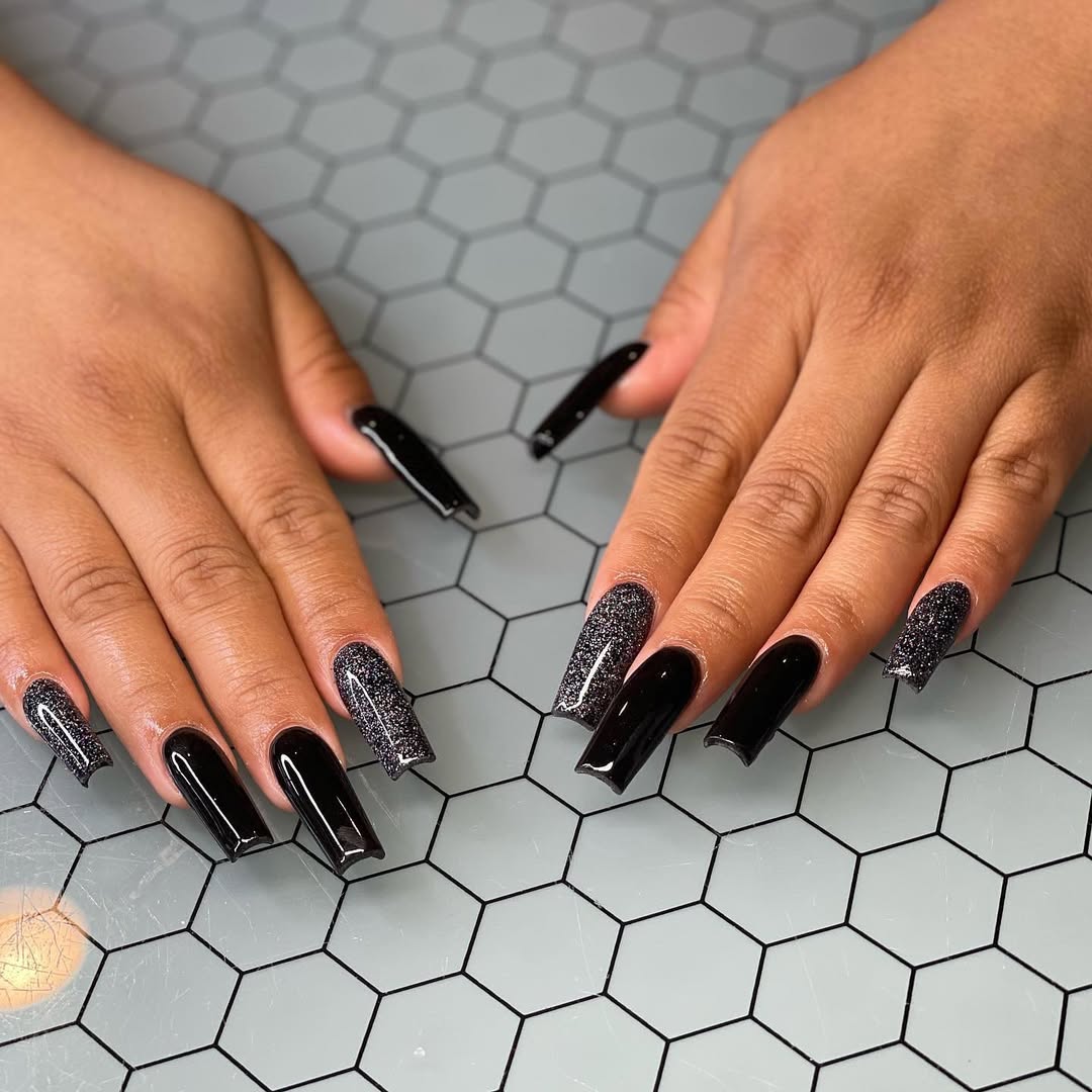 Glossy Black Glitter Accent Coffin Nails