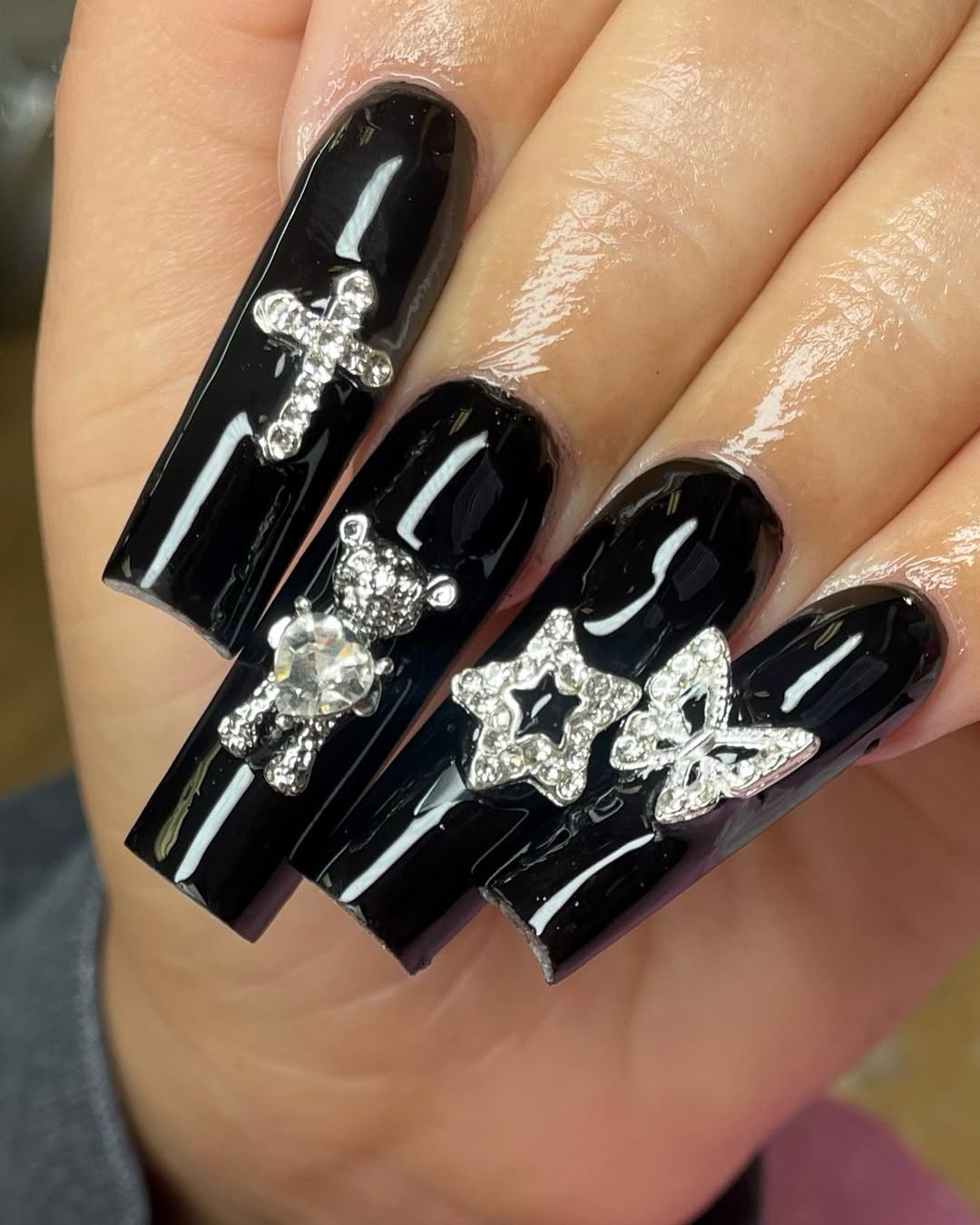 Glossy Black Long Coffin With Rhinestone Charms