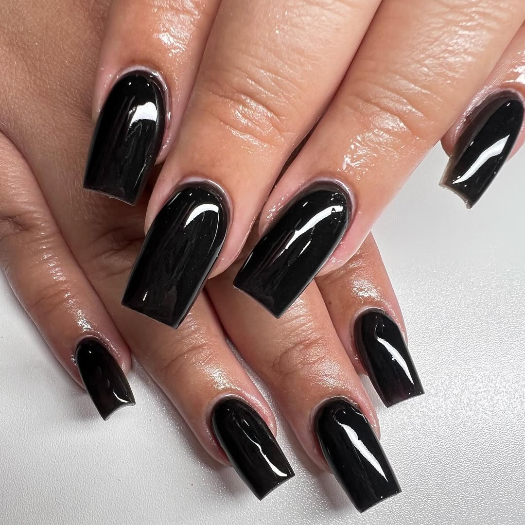 Glossy Black Long Square Acrylic Nails