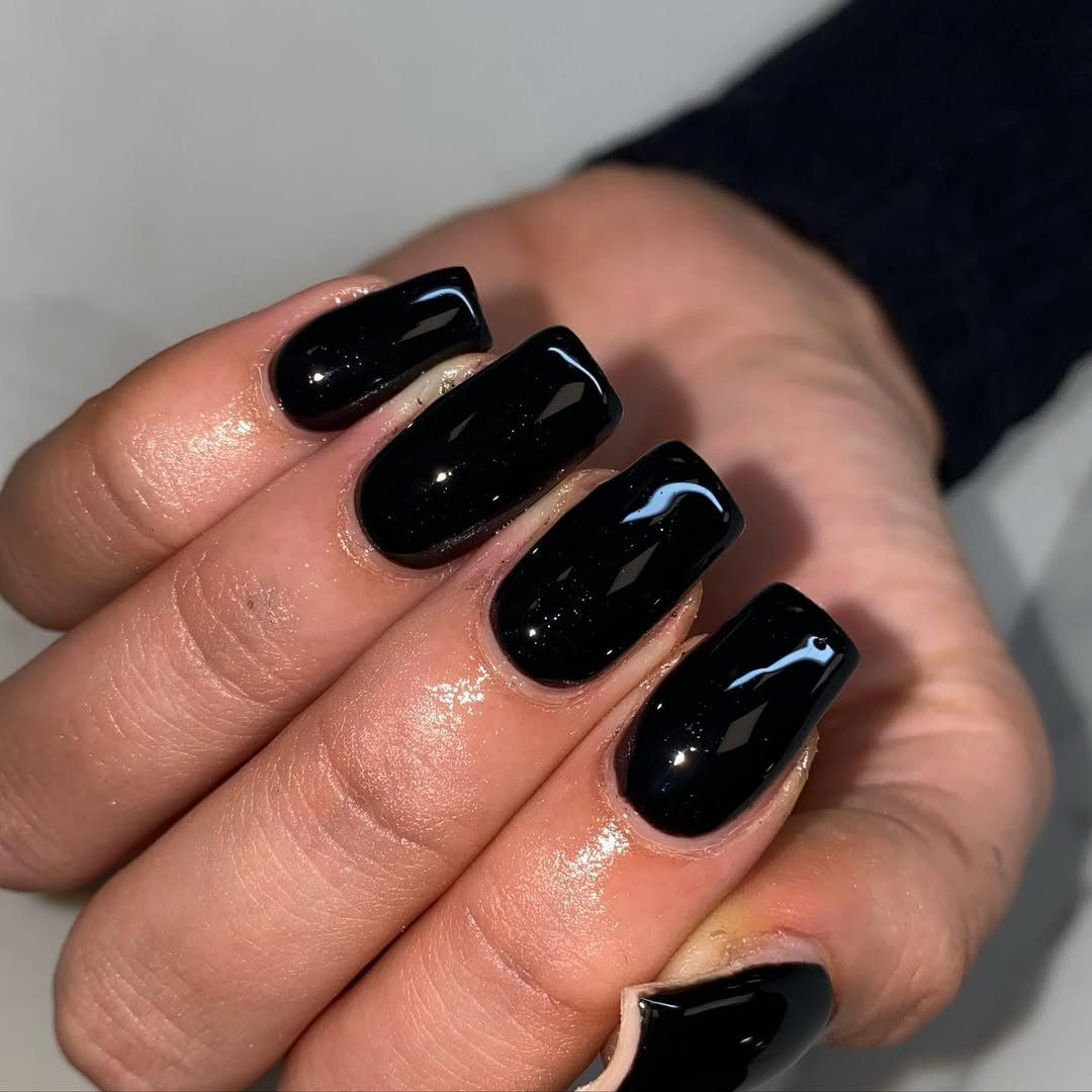 Glossy Black Square Medium Gel Nails