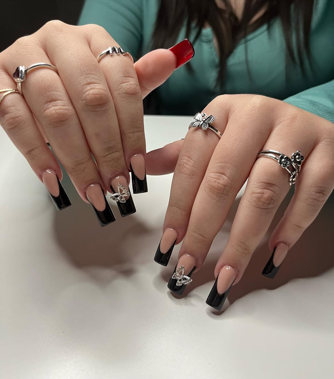 Glossy Black V-French Tip Butterfly Embellishments