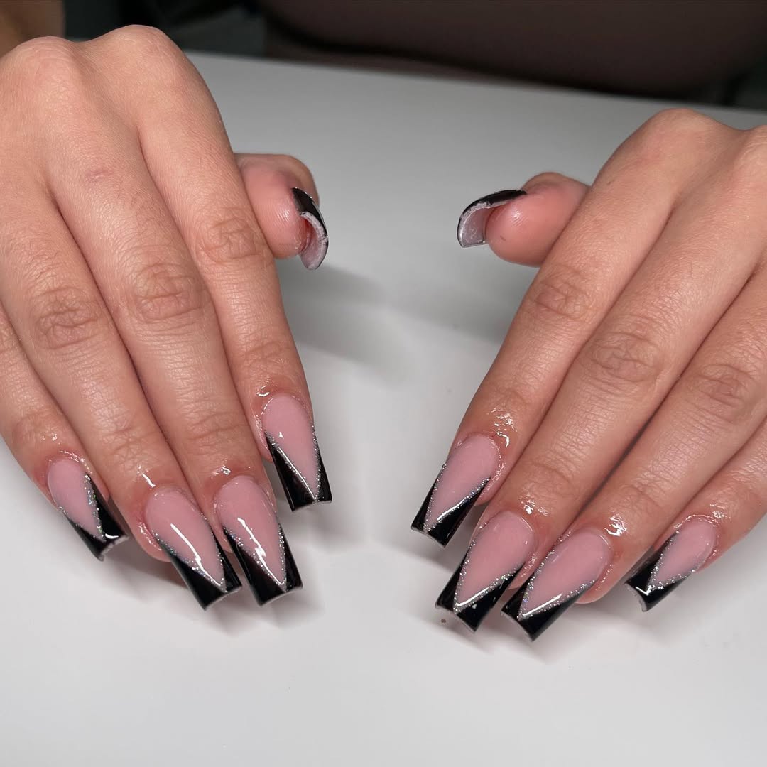 Glossy Black V-Tip Glitter Accent Coffin Nails