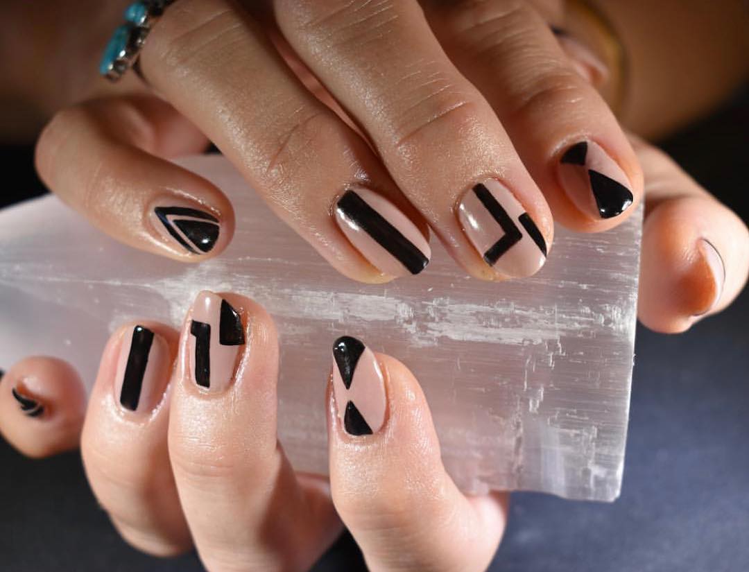 Glossy Nude and Black Geometric Abstract Nails