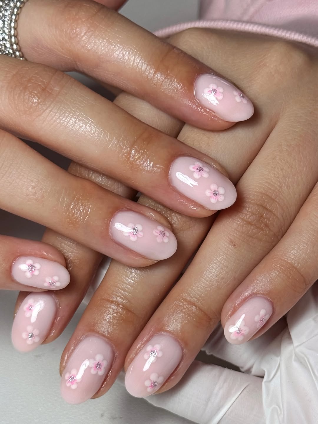 Glossy Pink Floral Petal Design Blossom Nails