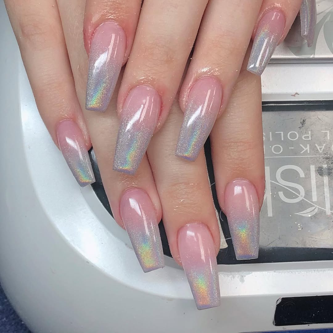 Glossy Pink Ombre Holographic Coffin Nails