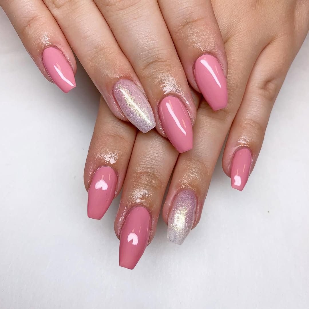 Glossy Pink & Shimmer Coffin Nails