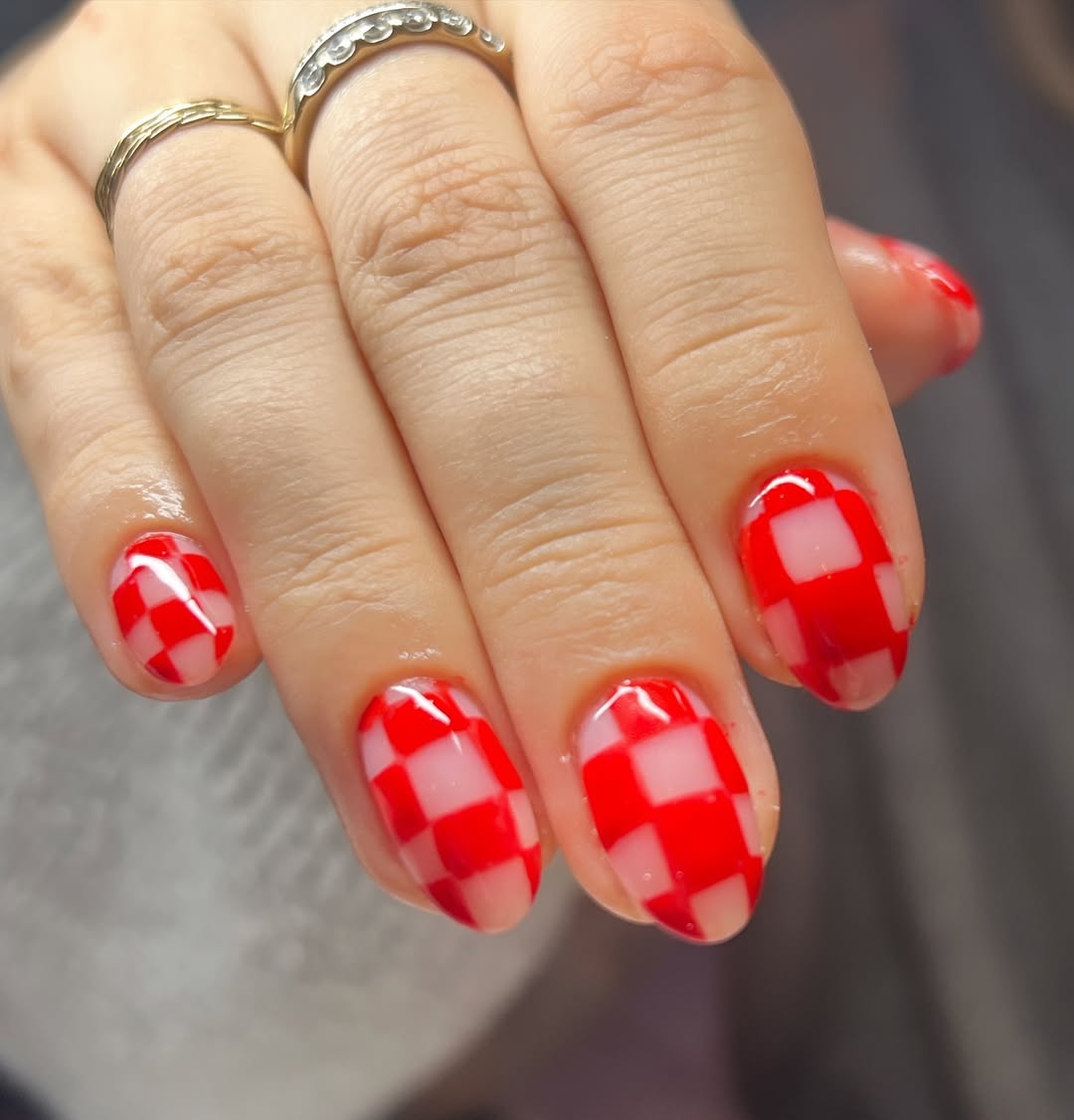 29 Checkerboard Nail Ideas for 2026 28 Glossy Red and Milky Pink Checkerboard Oval Nails