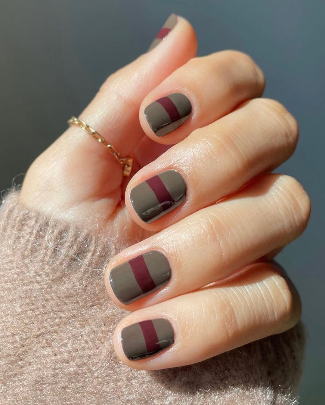 Glossy Taupe and Burgundy Striped Geometric Nails