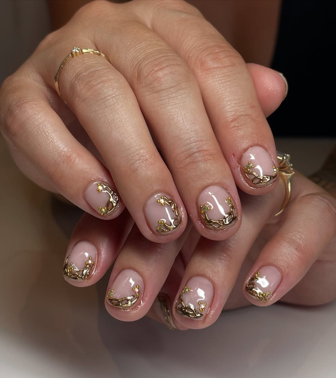 Gold Chain Accents On Short Milky Nude Nails