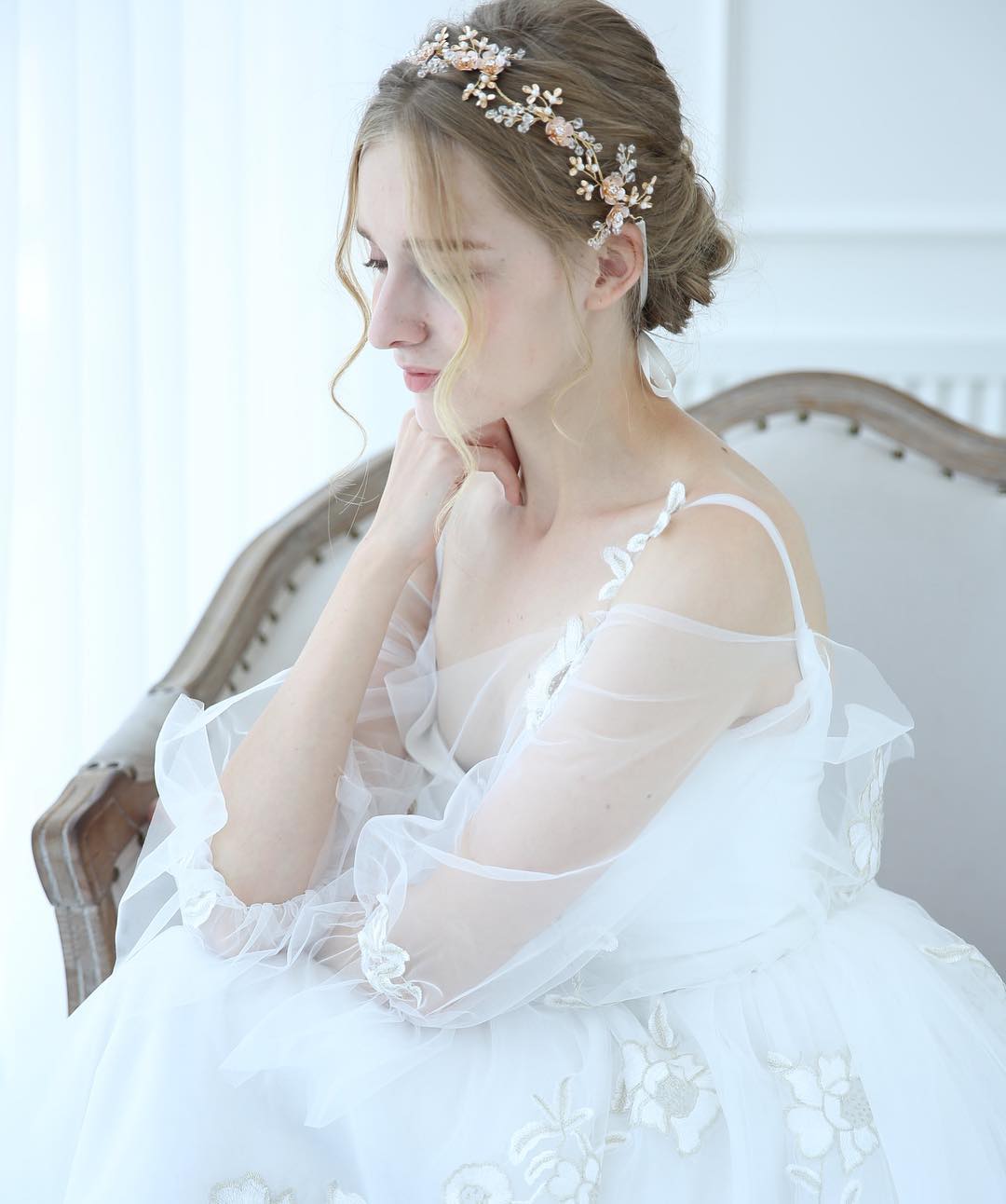 Gold Floral Headband With Soft Bridal Updo