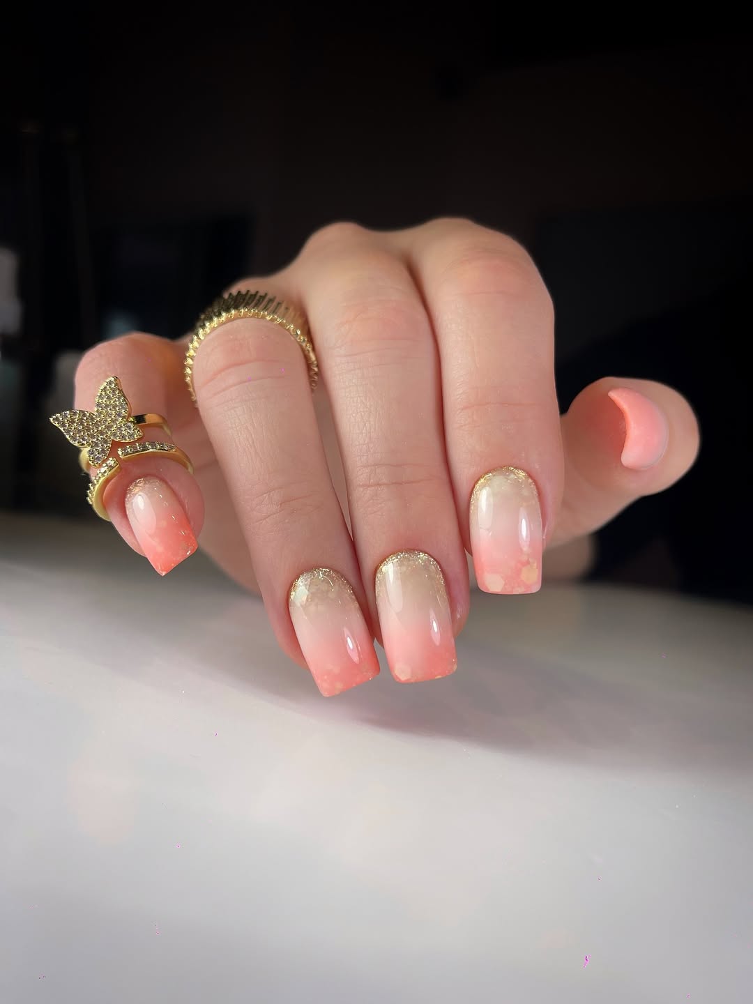 Golden Vanilla Peach Ombre Glitter Square Nails