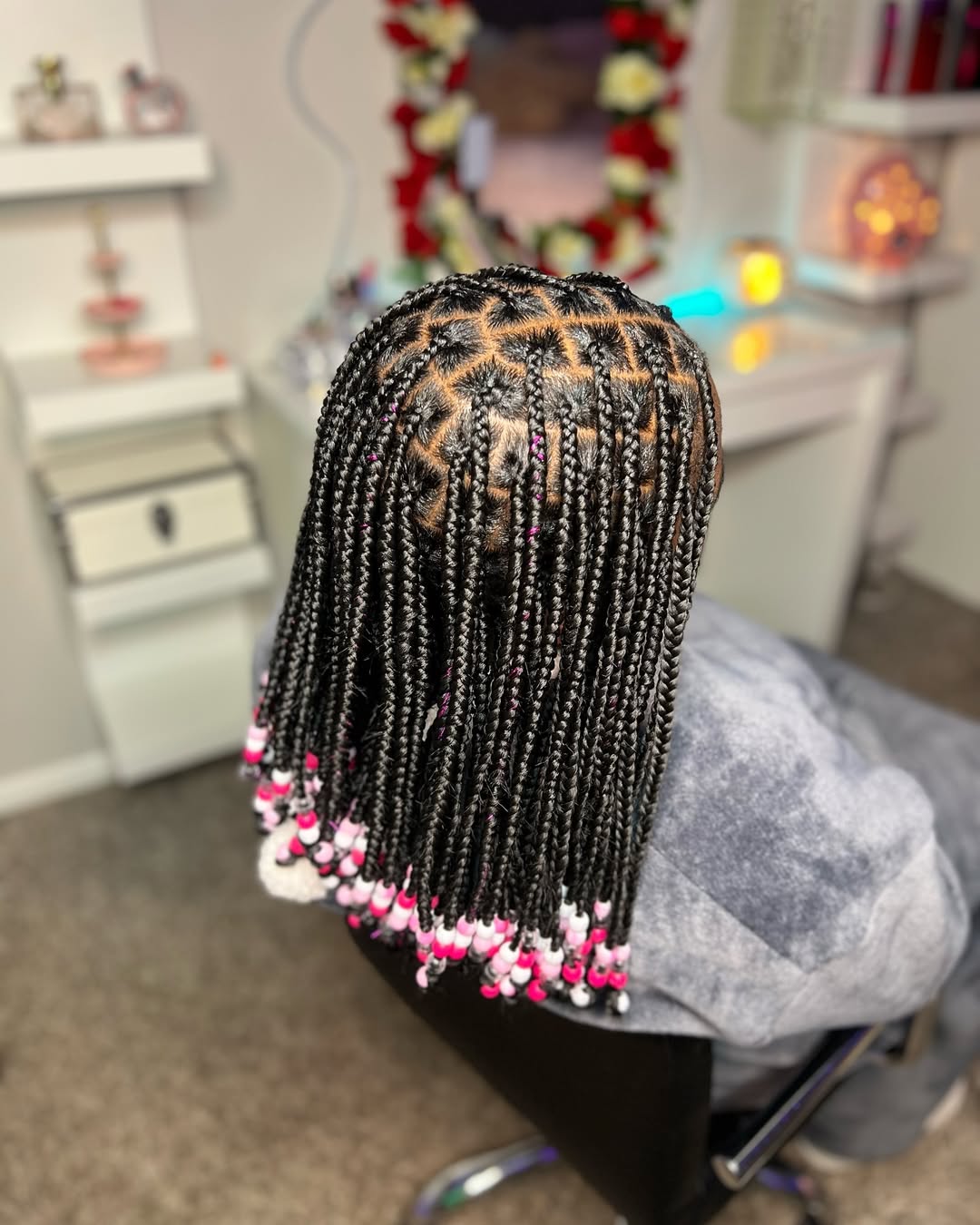 Gorgeous Box Braids With Pink and White Beads