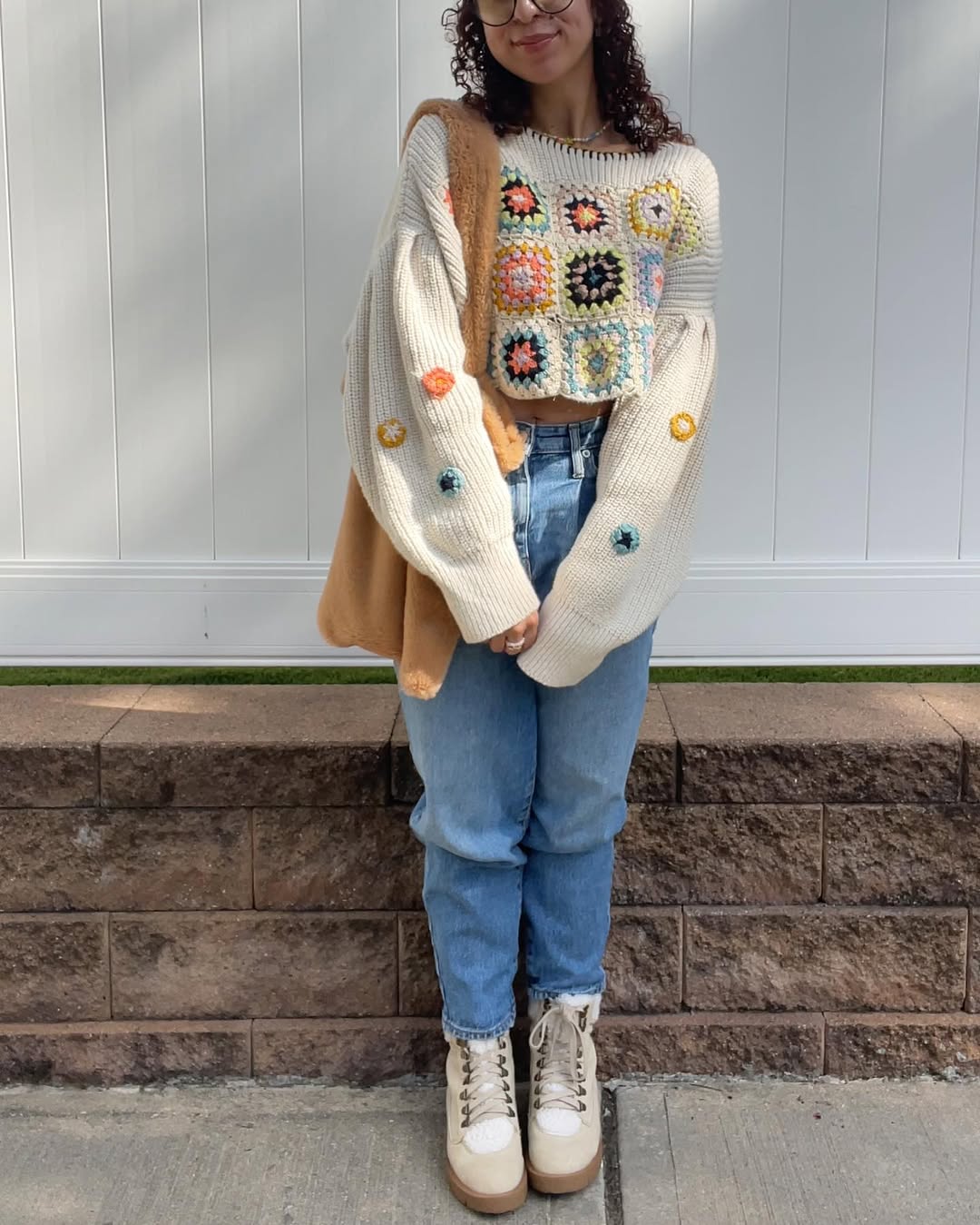 Granny Square Sweater With Distressed Denim