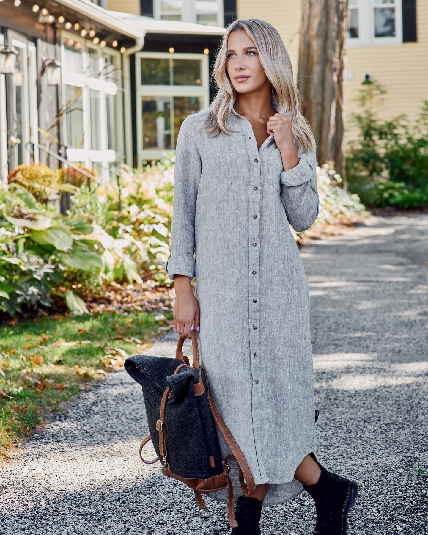 25 Fall Dress Outfits You Need For 2026 17 Grey Linen Shirtdress With Black Boots