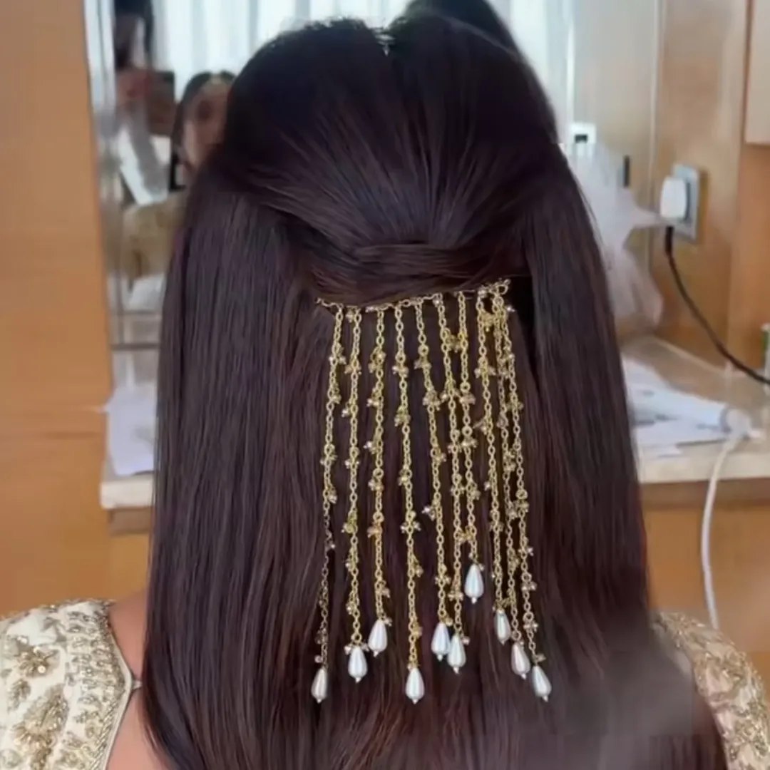 Half Up Hair With Golden Bridal Chain