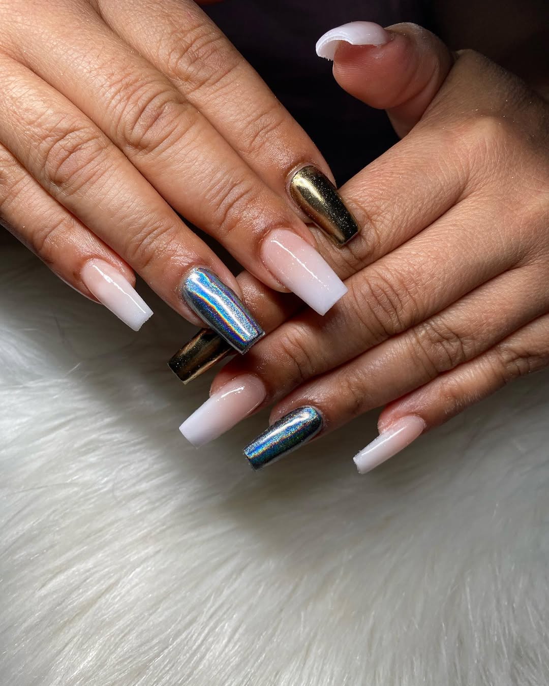 Holographic and Gold Accent Ombre Coffin Nails