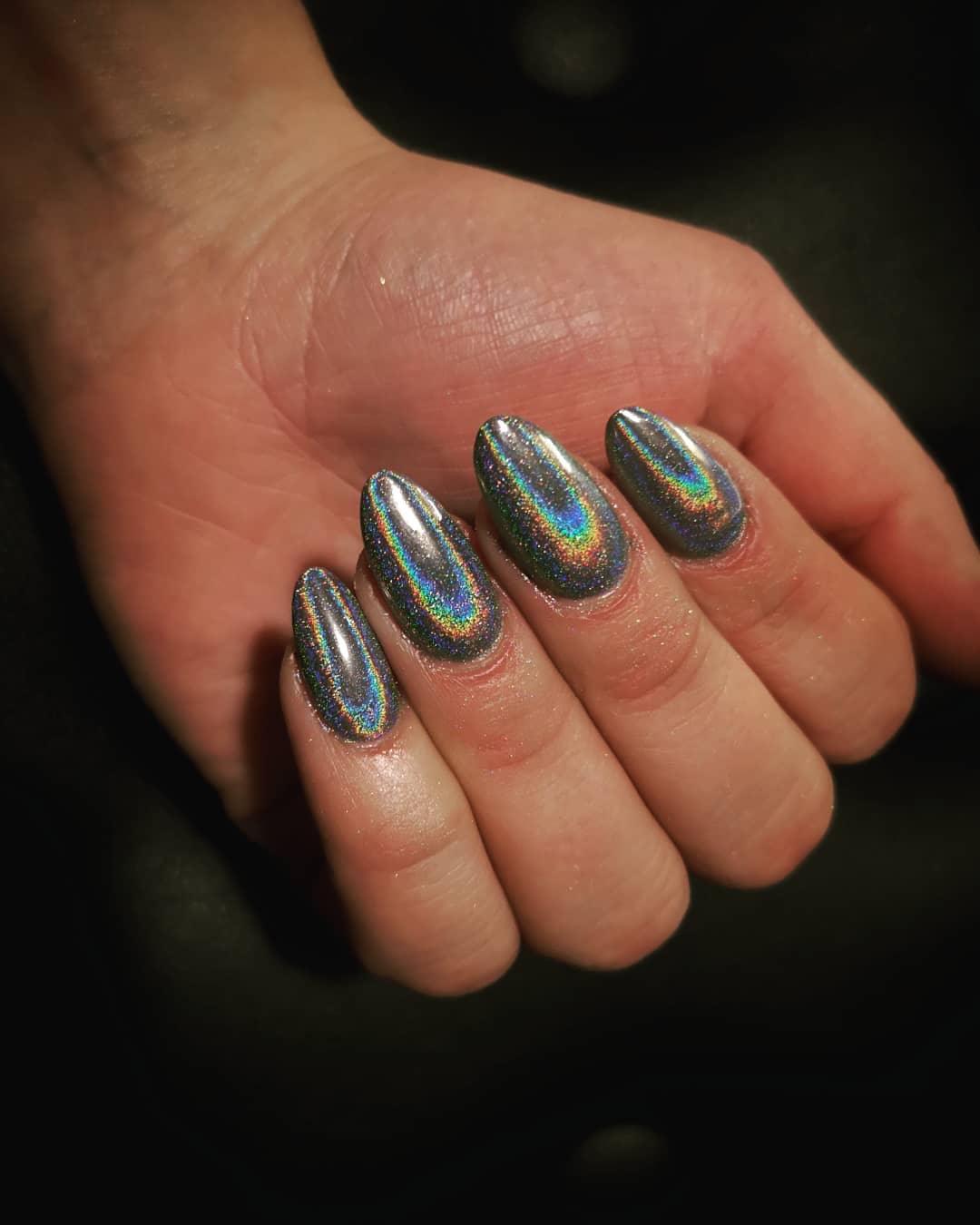 Holographic Silver Almond Medium Length Nails