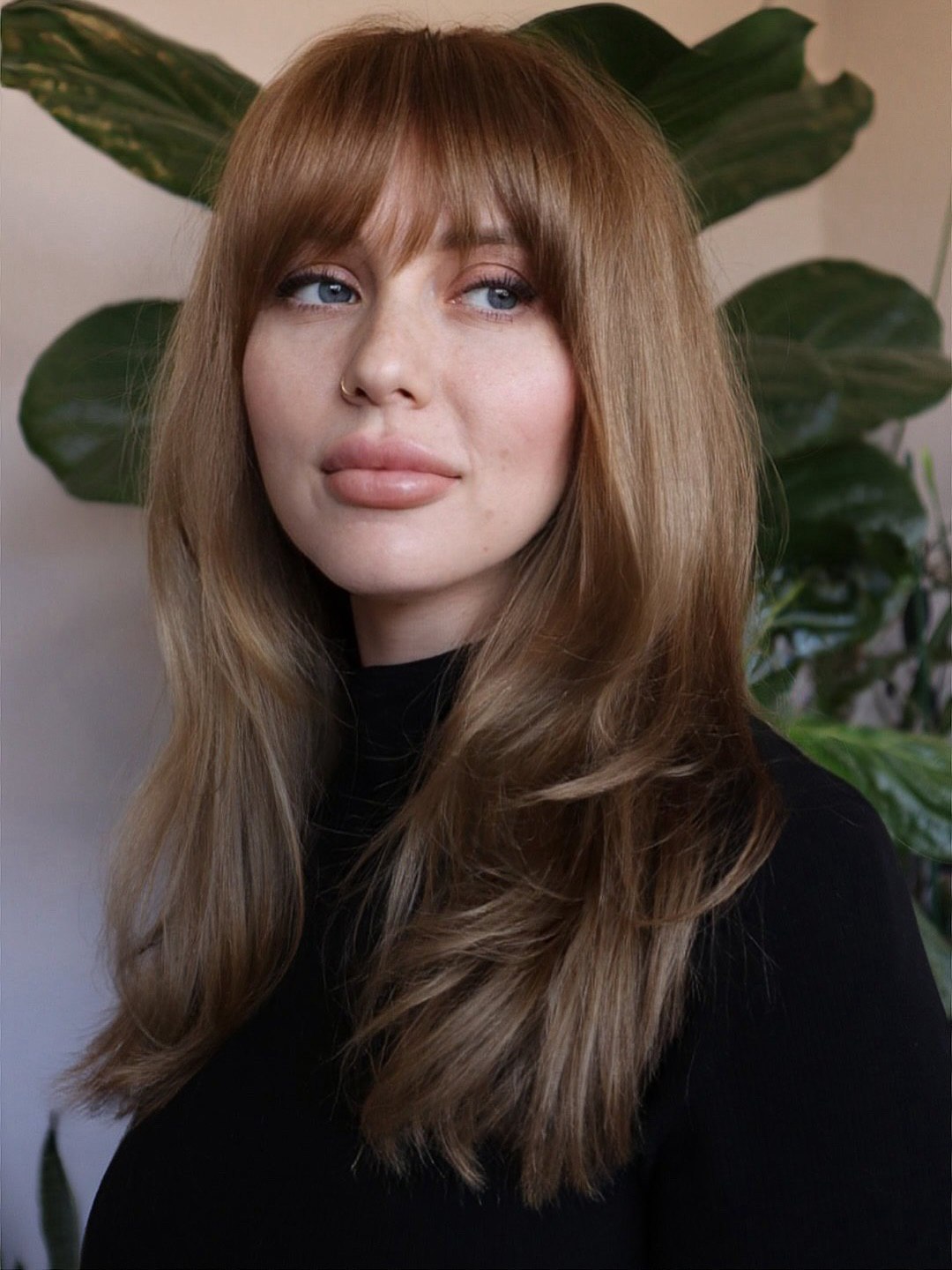 Honey Brown Tousled Lob With Wispy Fringe