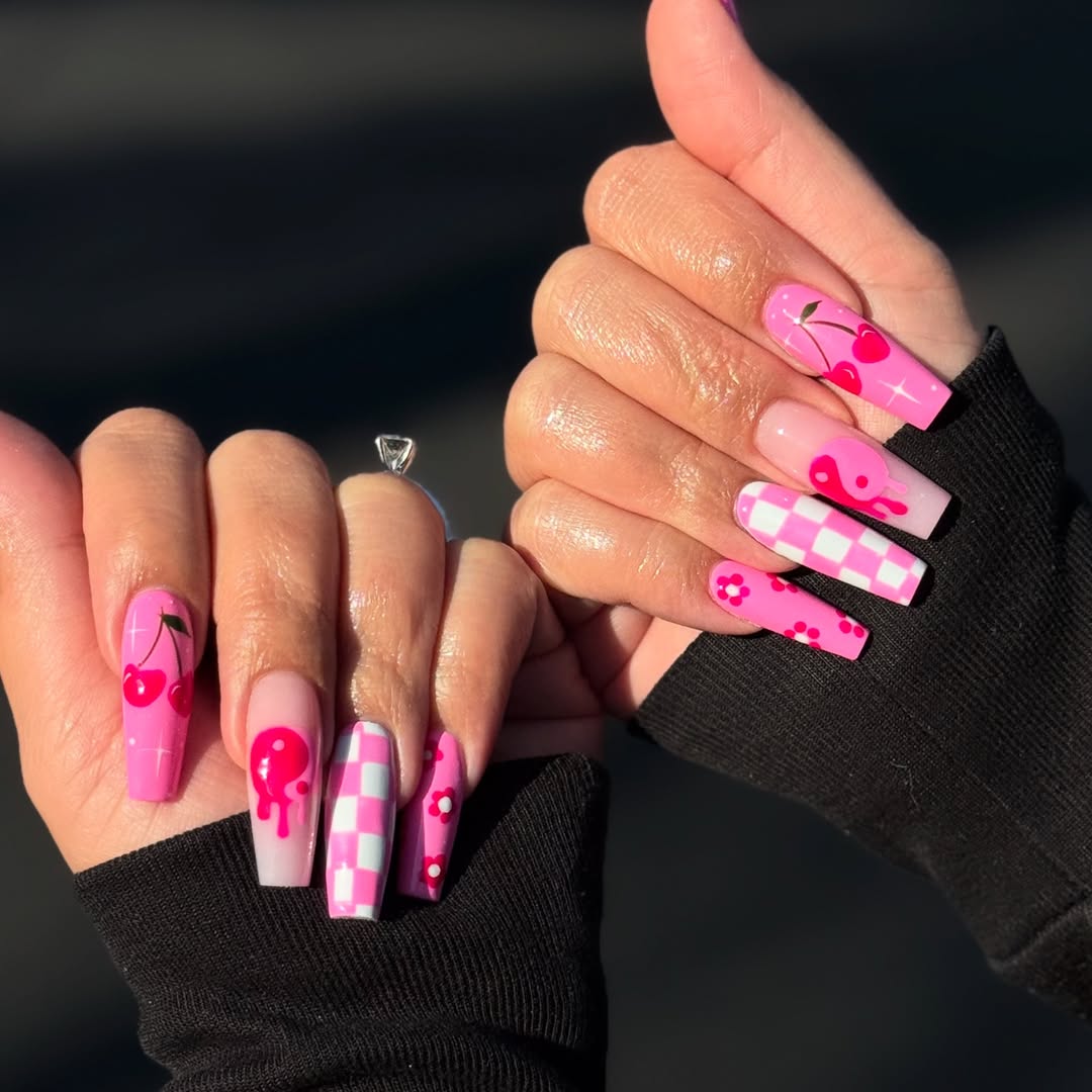 29 Checkerboard Nail Ideas for 2026 23 Hot Pink Checkerboard Cherry Drip Coffin Nails