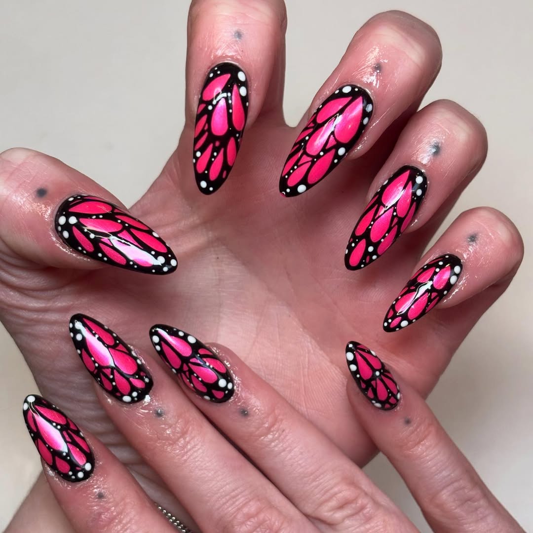 Hot Pink Monarch Butterfly Vibrant Stiletto Nails