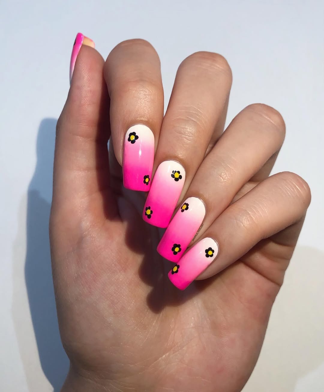 Hot Pink Ombre Flower Power Glossy Coffin Nails