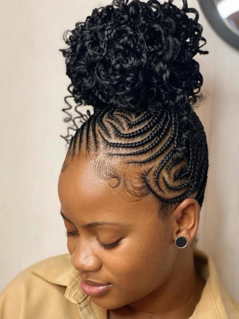 Intricate Cornrow High Bun With Curly Extensions