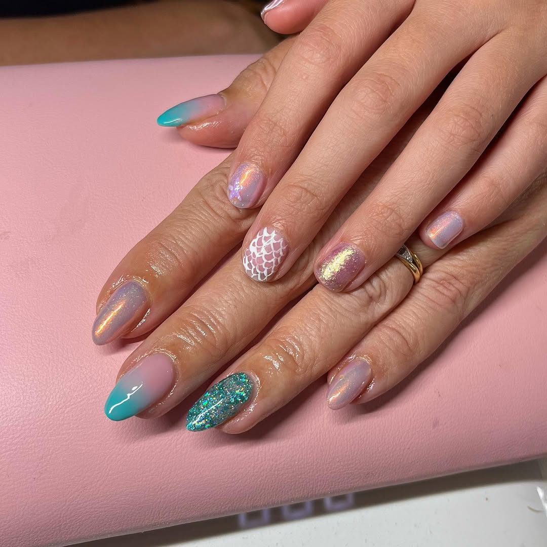 Iridescent Aqua Gradient Mermaid Scale Jelly Nails
