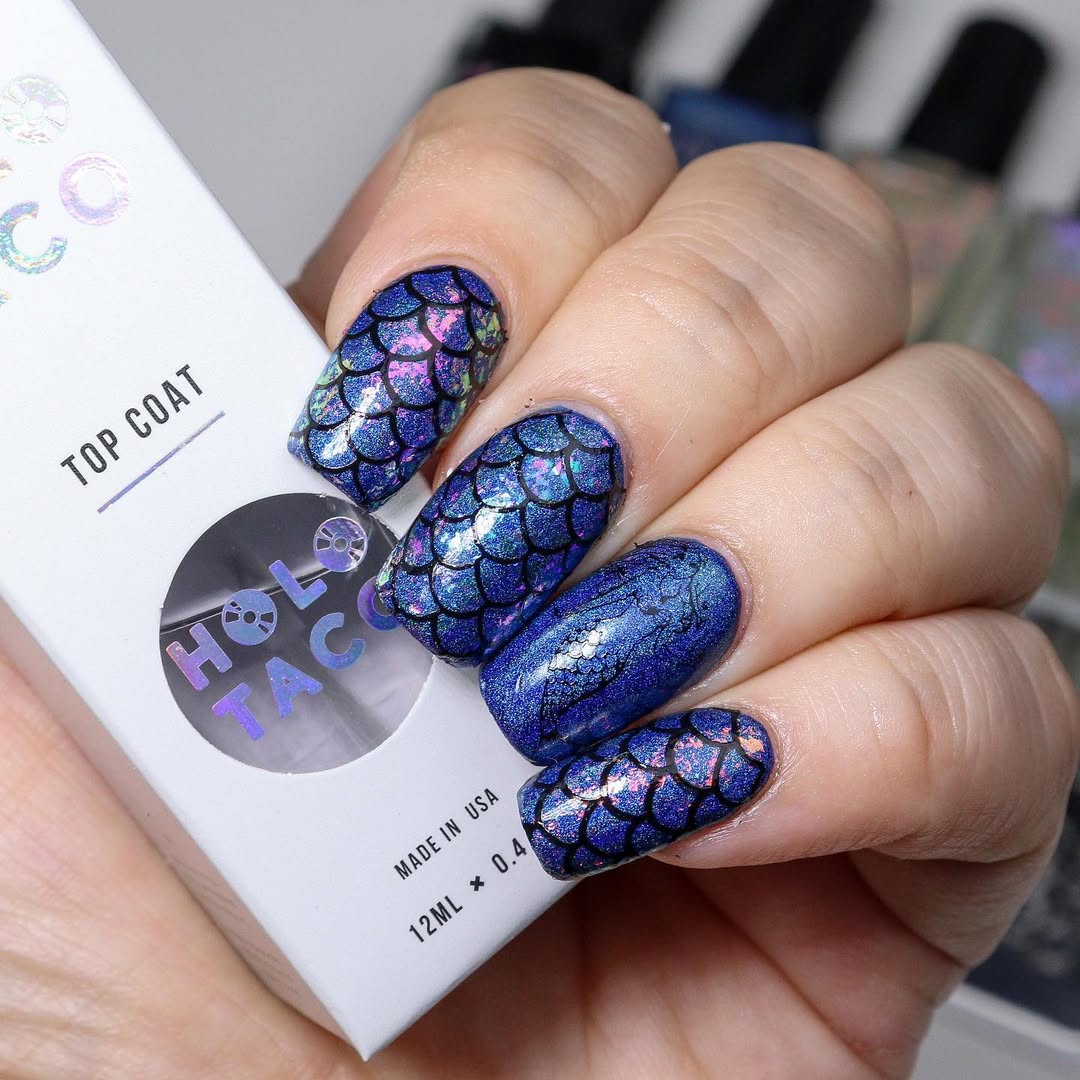 Iridescent Blue Mermaid Scale Nails