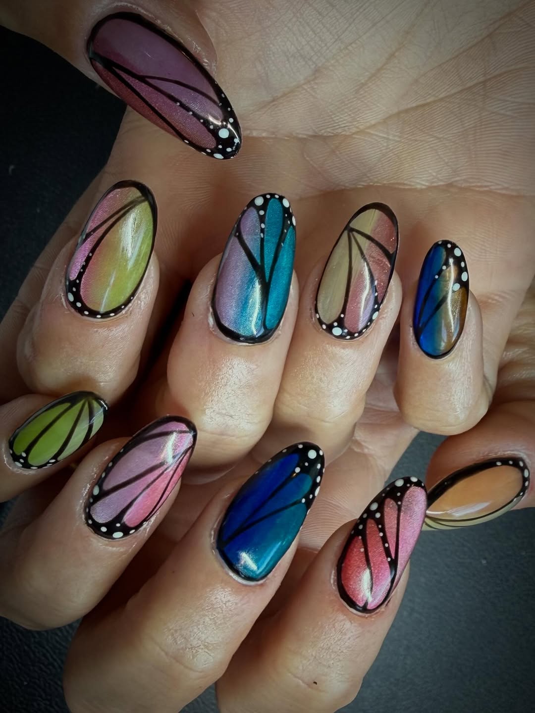 Iridescent Butterfly Wing Hand Painted Oval Nails