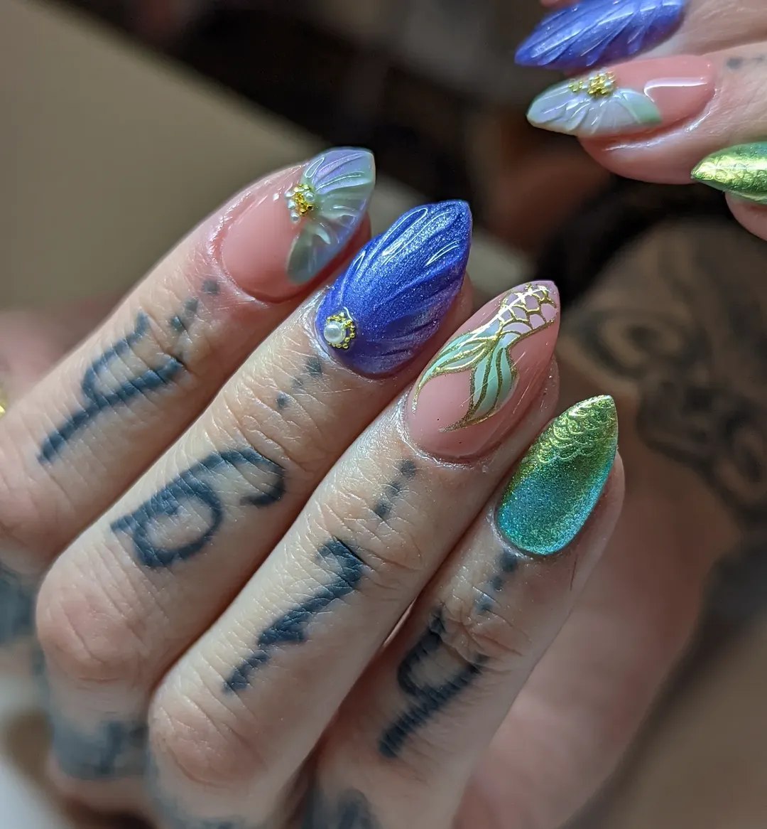 Iridescent Mermaid Skin Almond Nails with 3D Accents