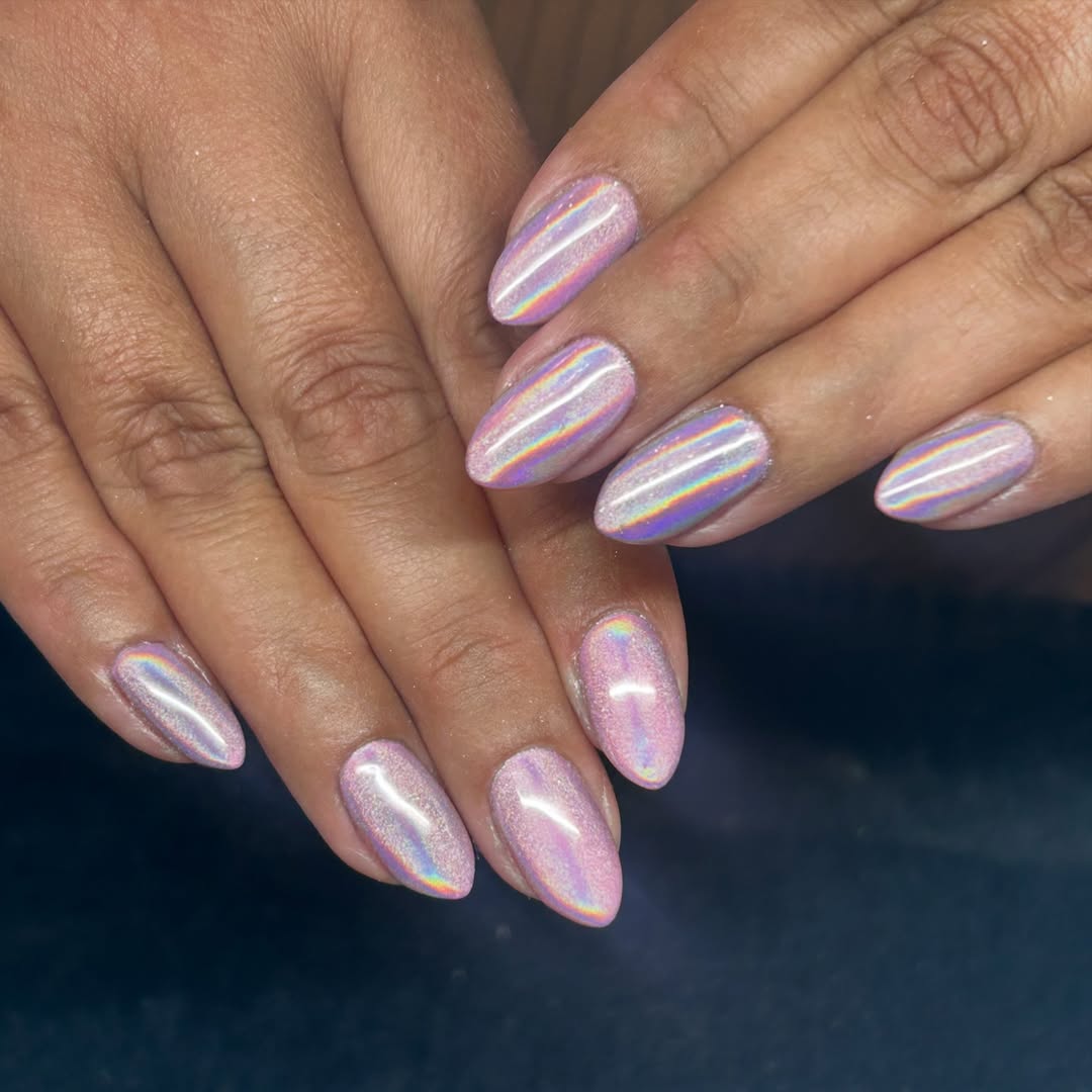 Iridescent Pink Holographic Almond Nails