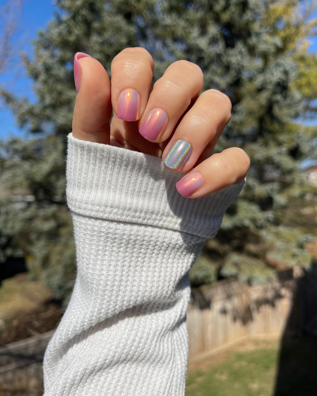 Iridescent Pink Ombré Square Nails with Holographic Accent
