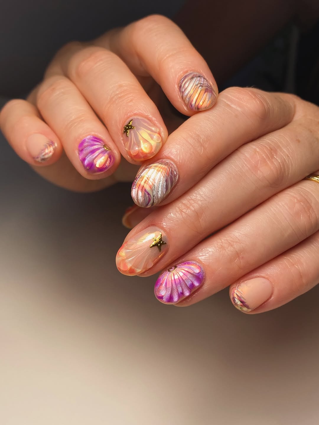 Iridescent Pink Orange Purple 3D Seashell Nails