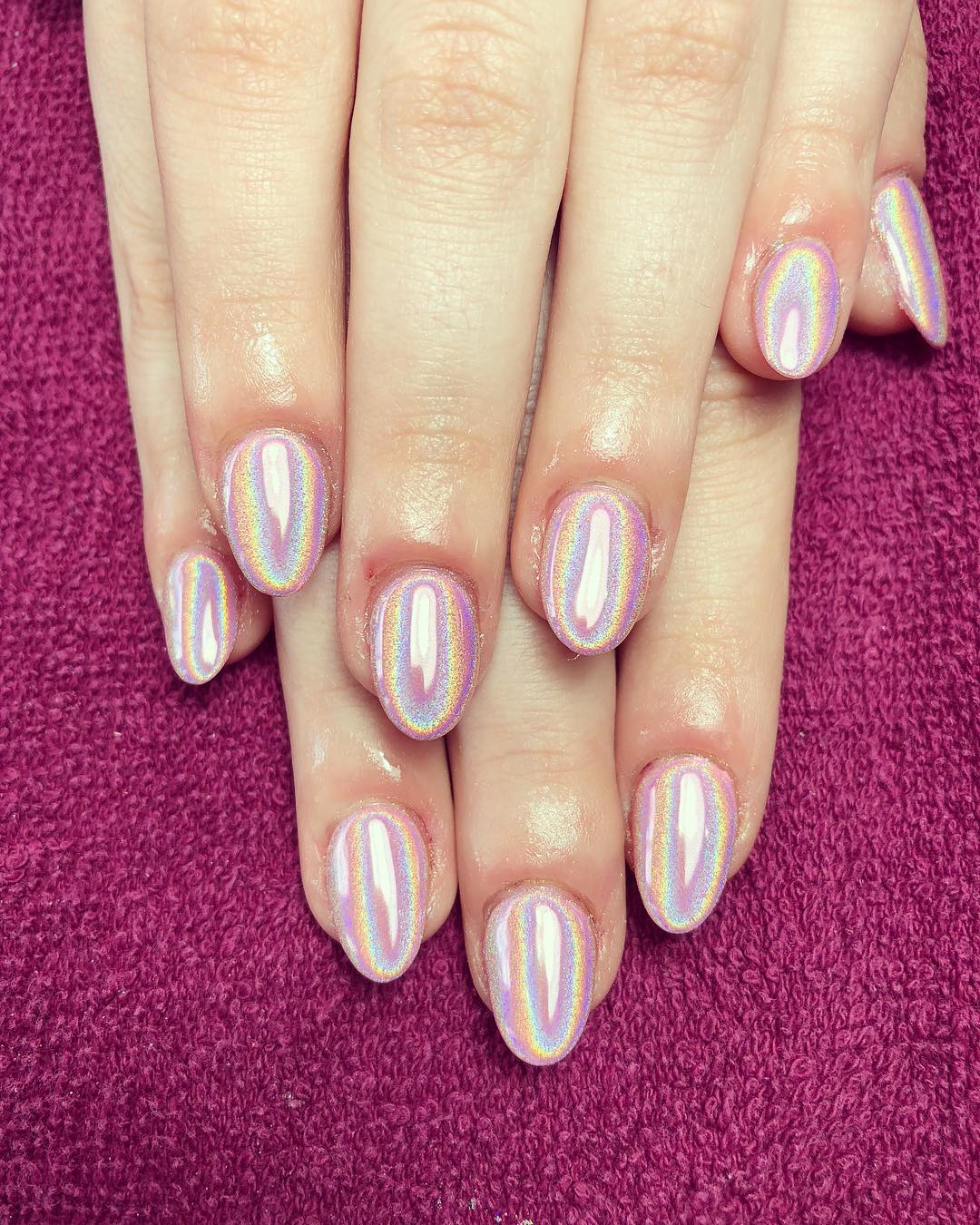 Iridescent Rainbow Holographic Oval Short Nails