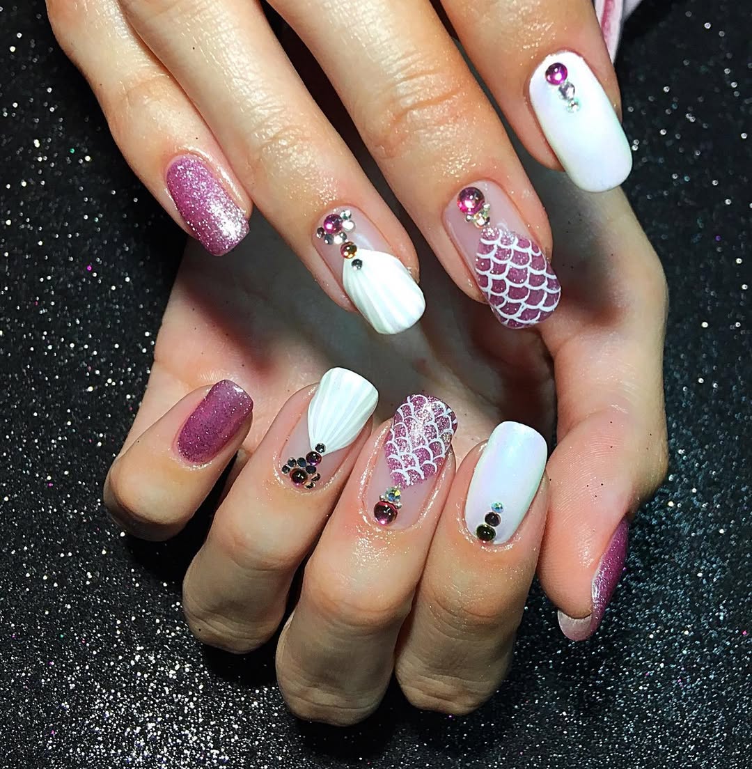 Iridescent White and Pink Mermaid Scale Bling Nails