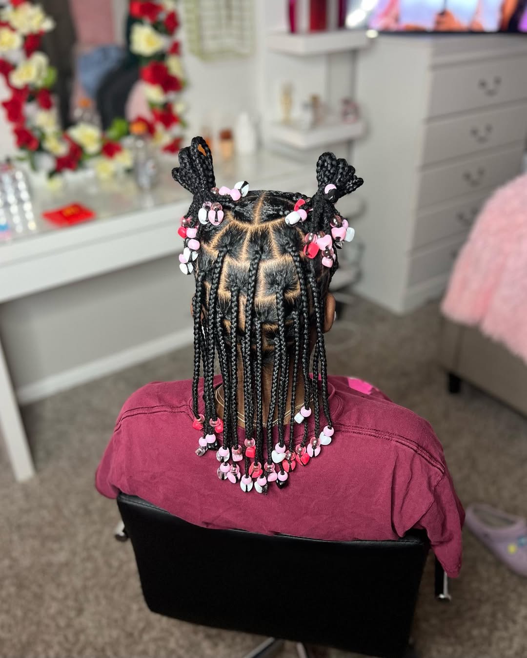 Kid's Box Braids With Pink and White Beads