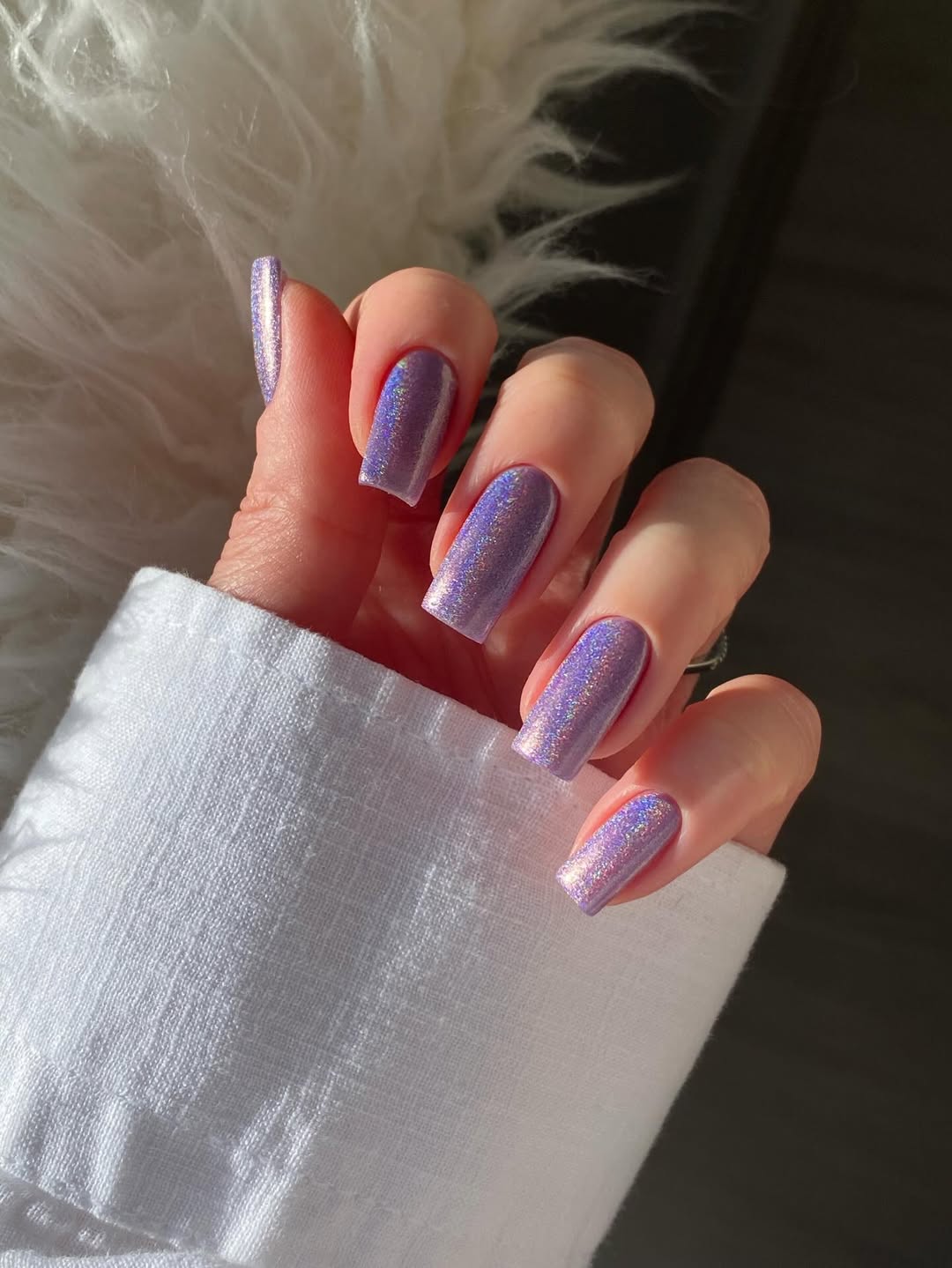 Lavender Holographic Shimmer Long Square Nails