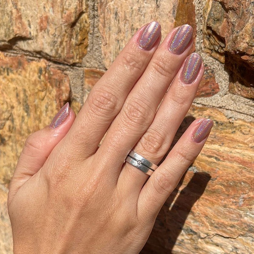 Lavender Pink Holographic Glossy Oval Nails