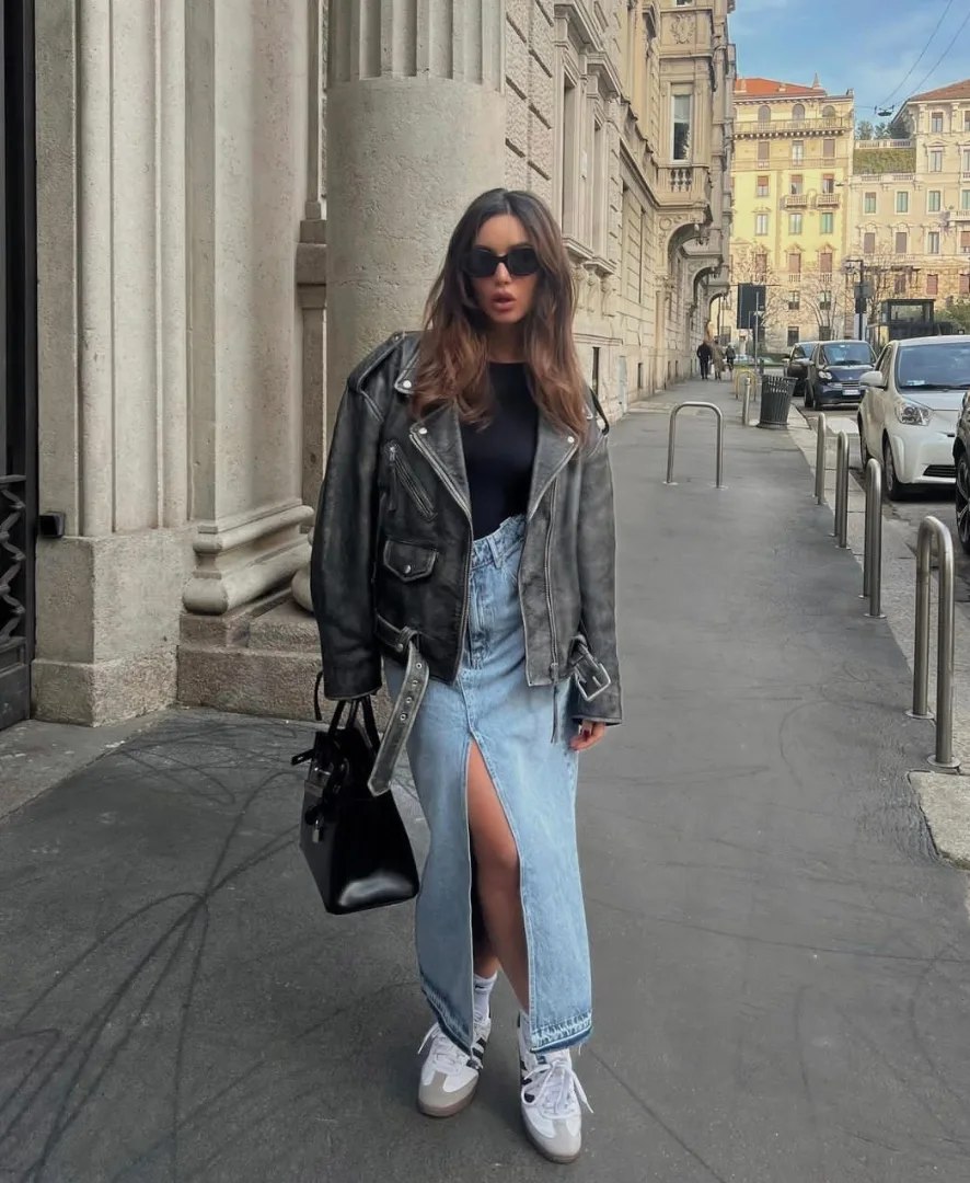 30 Chic Fall Outfits Women Will Love in 2026 27 Leather Moto Jacket With Denim Maxi Skirt Look