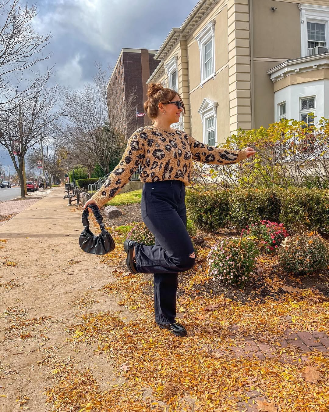 Leopard Print Sweater With Black Wide Leg Jeans Look