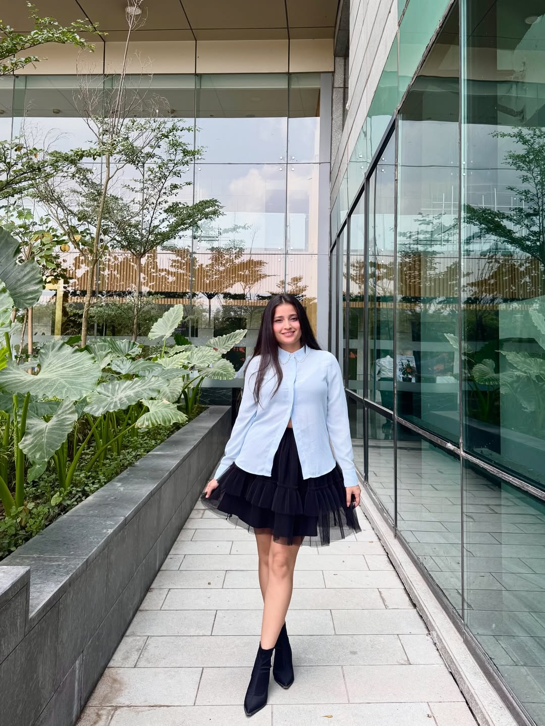 29 Work Outfits You Need for 2026 Trends 18 Light Blue Shirt With Black Tulle Skirt