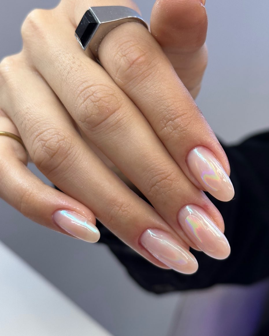 Light Nude Holographic Oval Nails