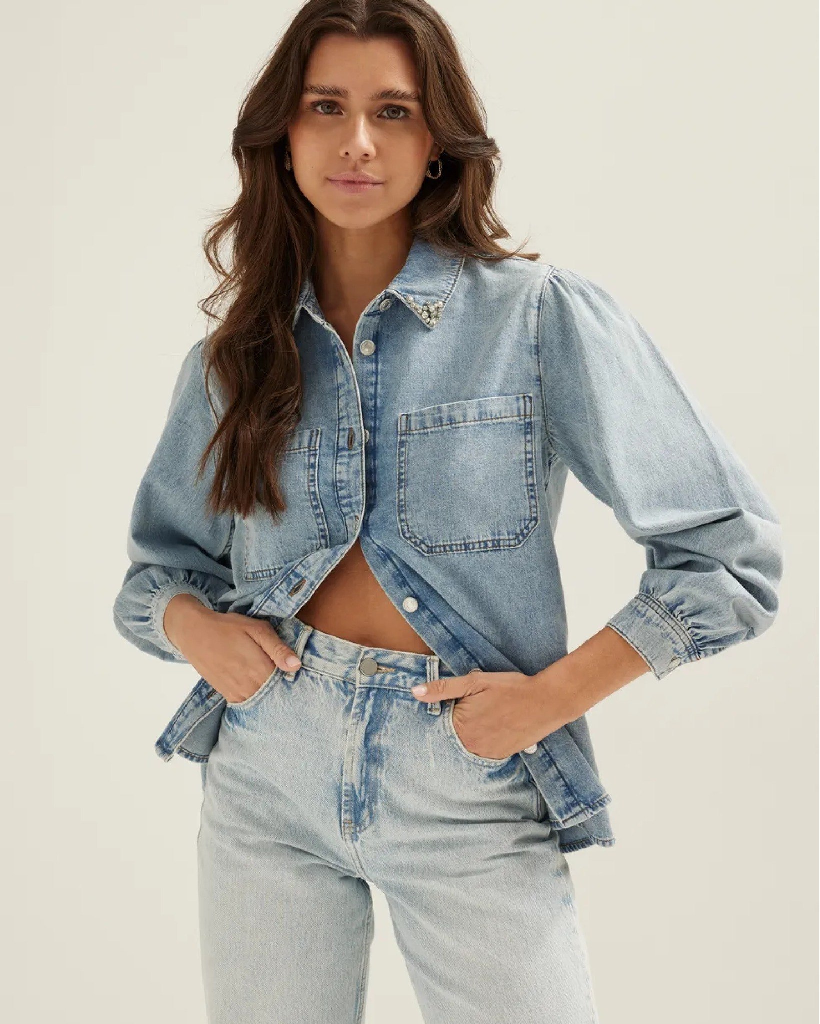 25 Denim on Denim Looks You Need for 2026 17 Light Wash Denim Co-ord With Statement Collar