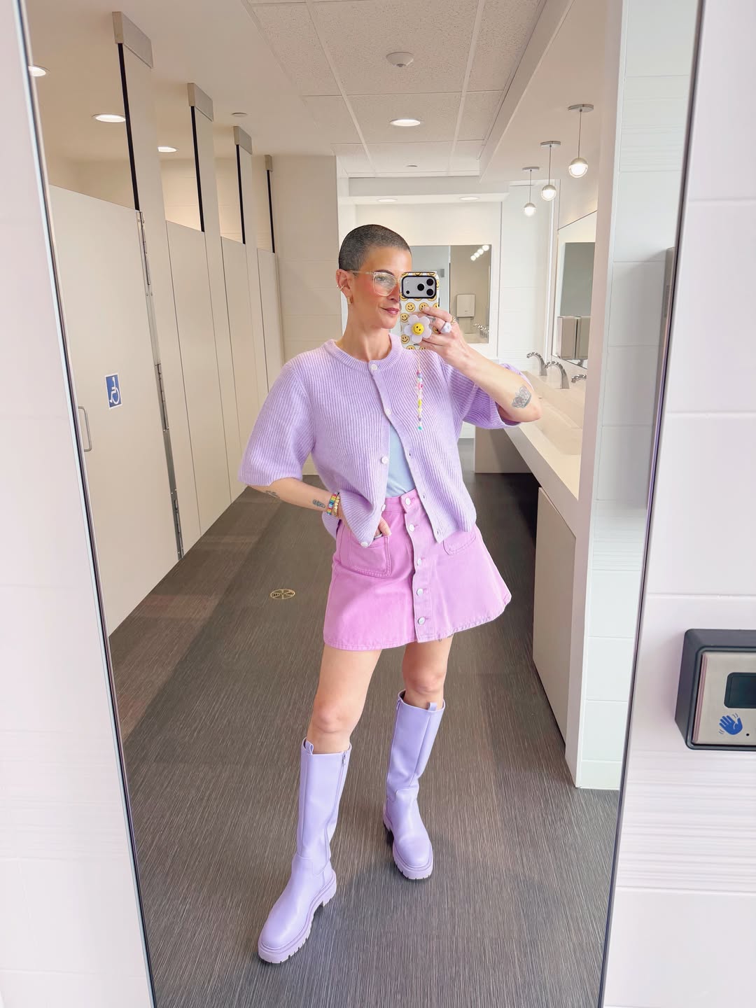29 Work Outfits You Need for 2026 Trends 10 Lilac Cardigan and Pink Denim Mini Skirt