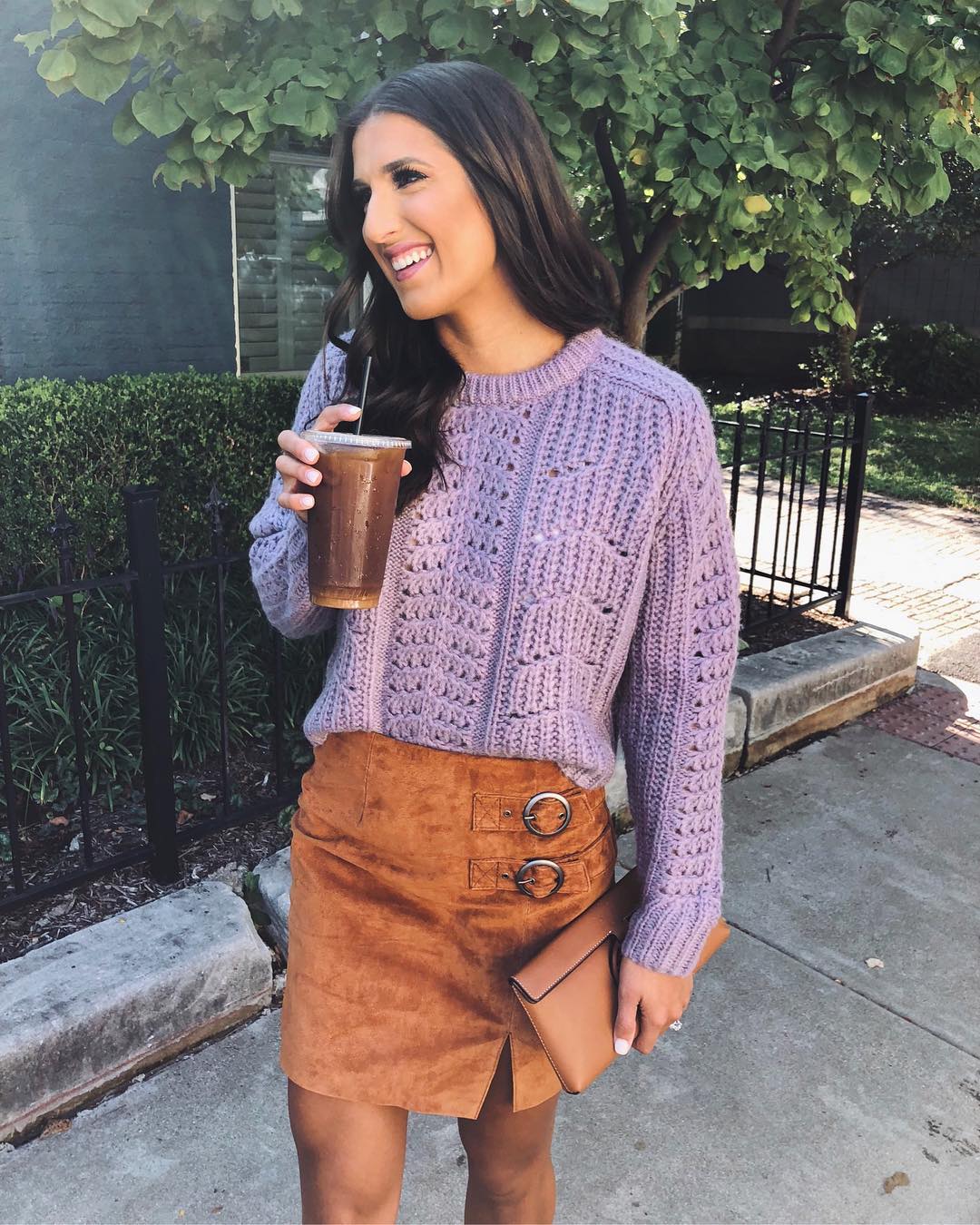 29 Chic Fall Skirt Outfits You Need for 2026 28 Lilac Knit Paired With Suede Mini Skirt
