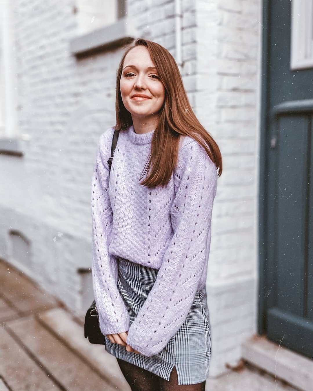 30 Chic Fall Outfits Women Will Love in 2026 26 Lilac Knit Sweater With Plaid Mini Skirt Outfit