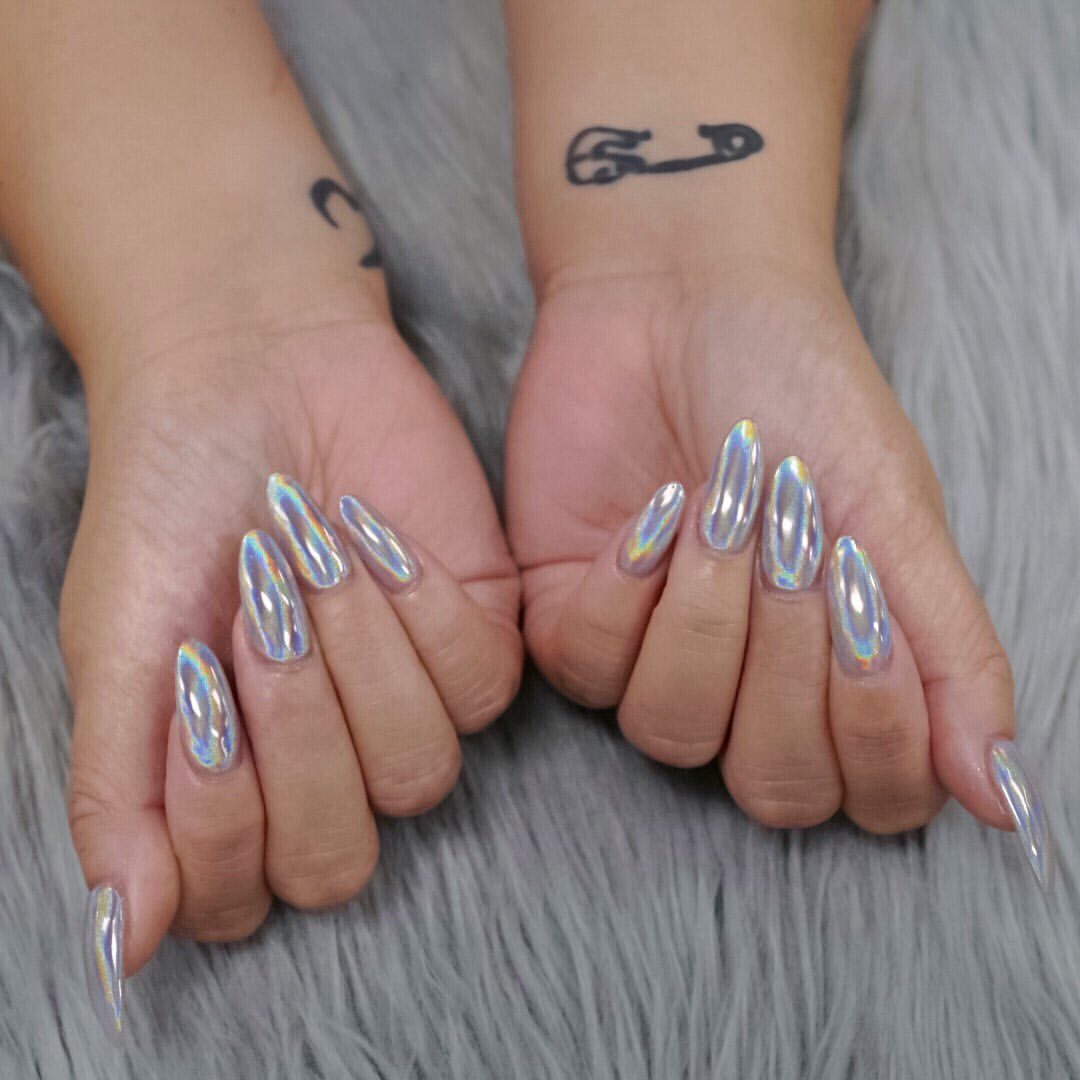Long Holographic Almond Chrome Nails