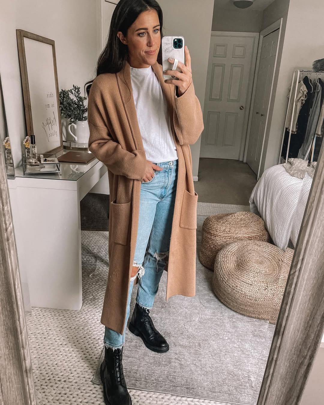 27 Fall Boot Outfit Ideas You Need Now 28 Longline Cardigan With Distressed Denim And Combat Boots
