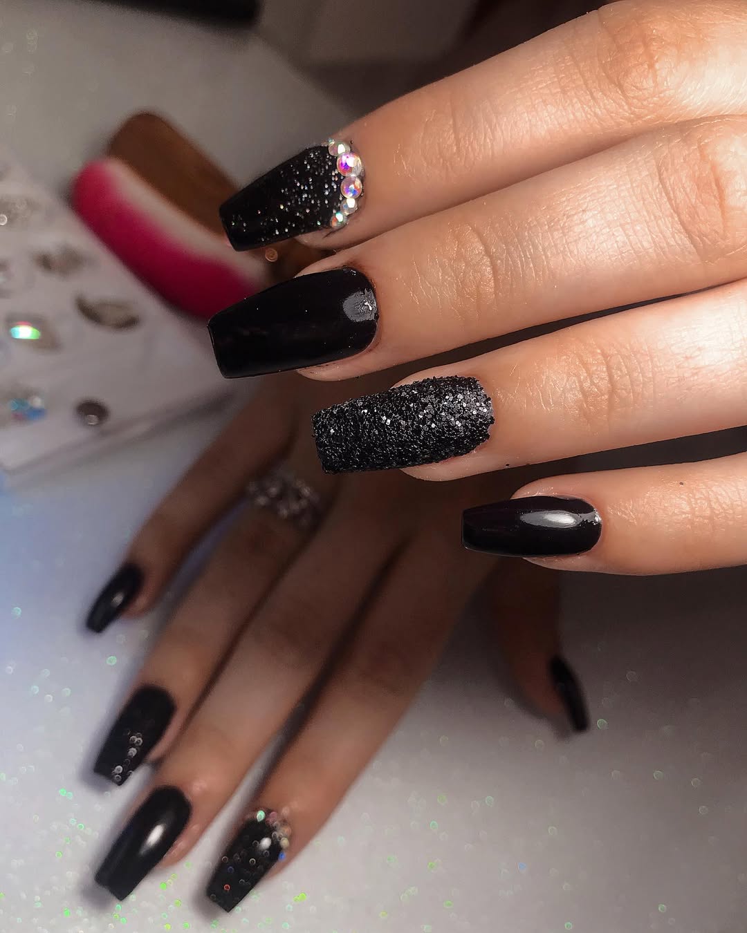 Luxurious Black Glitter and Rhinestone Coffin Nails
